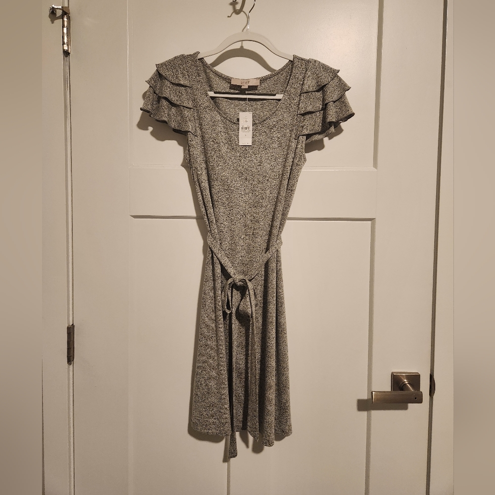 NWT LOFT size small grey belted knit dress flutter sleeve